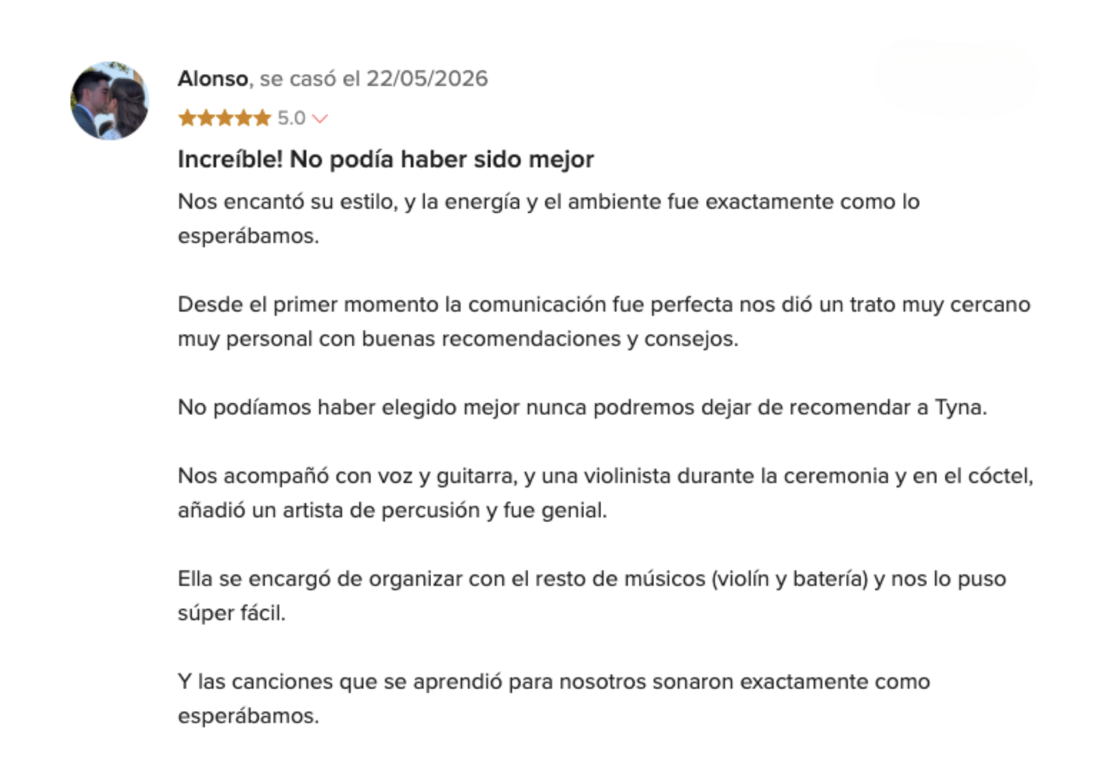 Destination Weddings on the Costa Blanca Five-star review from Alonso, wedding at Aal Cachucho, Madrid